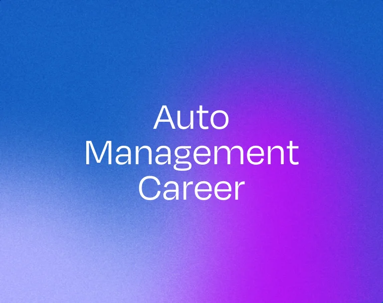 auto management career written on a blue and purple background